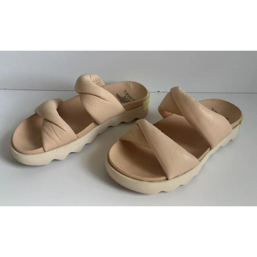 SOREL Viibe Twist Platform Slide Sandals Chalk Leather Nova Sand ~ Size 6.5 7